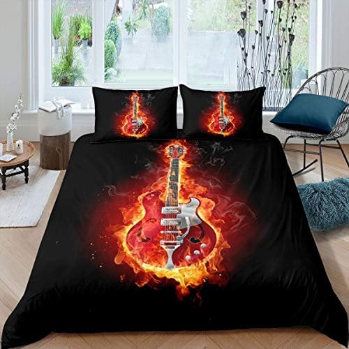 Guitar Duvet Cover Rock Music Themed Bedding Set For Kids Boys Girls Children Musical Pattern Comforter Cover Soft Chic Guitar Instruments Decor Bedspread Single Size Zipper