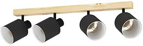 EGLO Deckenlampe Batallas, 4 flammige Deckenleuchte skandi, Deckenstrahler aus Holz, Textil, Metall, Wohnzimmerlampe in Natur, Schwarz, Weiß, Schlafzimmerlampe, Spots E27