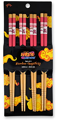 Naruto : Shippuden Ichiraku Ramen Lot de 4 baguettes en bambou | Ensemble d'ustensiles pour nouilles ramen, vaisselle japonaise pour la cuisine à la maison | Collection officielle manga anime