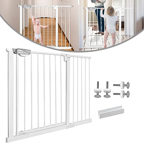 LARS360 Ausziehbares Treppenschutzgitter ohne Bohren, Auto-Close Treppengitter und Einhändiges Öffnen, Metall Baby Türgitter für Tür & Treppe, 105-115cm Breit, Weiß