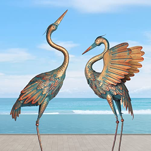 Oritty Kranich-Gartenstatue aus Metall, 84-94 cm, Vogelreiher-Gartenskulptur und Statuen, Outdoor-Dekoration für Hof, Teich, Rasen, Hinterhof, Pool, Vintage-Kran, 2 Stück