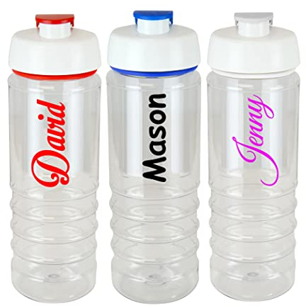 Personalised Custom Clear Water Drink Bottle with Flip Top Lid and Accent Coloured Top - Any Name, Word, Business, Sports, School, Promotional Merchandise
