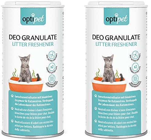 OptiPet Katzenstreu Erfrischer | 2x400gr Deo katzenklo | 40 Anwendungen | Doppelte Haltbarkeit von Katzenstreu | Neutralisiert Gerüche ohne Chemie | Mit Bioaktiven Enzymen