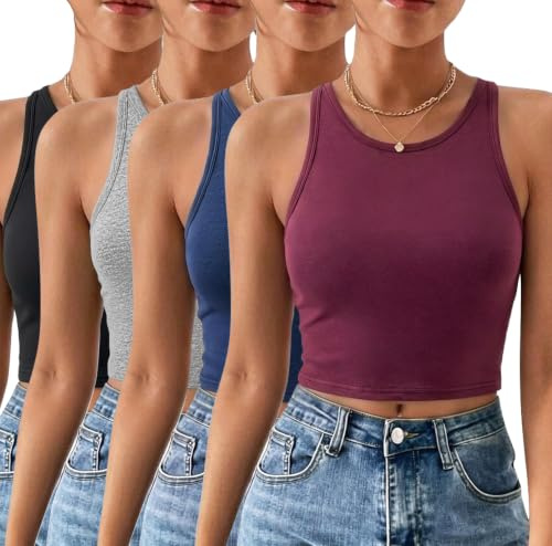 Kole Meego Crop Tops for Women Workout Cropped Tank Top Trendy High Neck Camisole Yoga Shirts Athletic Undershirts 4 Pack Black/Grey/Navy/Burgundy S