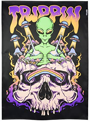 PSYWORK Schwarzlicht Stoffposter Neon | Trippin Alien | 0,5 x 0,7m | UV-aktiv | fluoreszierend | Wandbehang Stoffbanner Poster Wandbild Kunstdruck Dekobild Dekoration Wandteppich