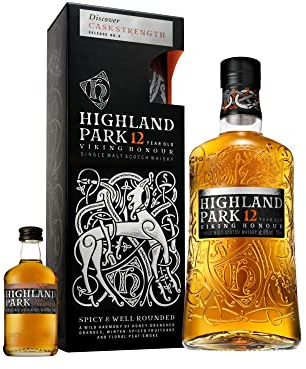 Highland Park 12 Jahre mit Cask Strength Miniaturflasche - mit Geschenkverpackung - Viking Honour - Single Malt Scotch Whisky - vollmundiger, rauchiger Geschmack - 40 % Vol - 700 ml Einzelflasche
