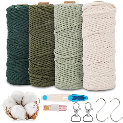 RANJIMA Makramee Garn Set 3mmx50m, Makramee Set Bunt Farbverlauf Natur Baumwollgarn mit Makramee Schlüsselanhänger für Wandbehänge Türvorhang Blumenampel Hochzeitsdekorationen Bohemien DIY Handwerk