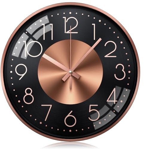 October Elf 12 Inch Wall Clocks for Living Room Kitchen Modern, Battery Operated Silent Wall Clock, Wall Clock for Bedroom Round Aluminium Decorative Rose Gold