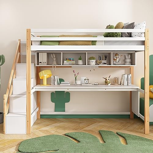 Idemon Kinderhochbett mit Stauraumtreppe 90 * 200cm, aus Kiefernholz, Etagenbett, Kinderbett mit großen Schreibtisch und Regalen, Umweltfreundliche Farben,natürlich und weiß