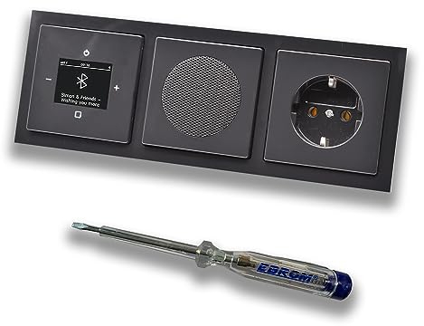 Busch Jäger DAB+ Unterputz Bluetooth (in and out) Radio 8217U-101 Future Anthrazit, Komplett-Set mit Lautsprecher, Abdeckungen, Steckdose, Rahmen + EBROM Phasenprüfer zur Montage d. Geräte - 8217U