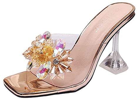 Sandales d'été tendance en verre à vin avec fleur en cristal et strass et talons hauts - Tongs élégantes pour scène, défilé, banquet, bout ouvert, sandales légères pour femme, doré, 36.5 EU