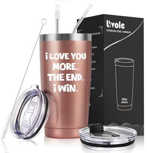 Livole Valentines Gifts for Her, Wife, Anniversary Funny Gift for Her, Birthday Gifts for Girlfriend, I Love You More The End I Win, Romantic Gifts for Her, 20oz 600ml Insulated Coffee Travel Mug
