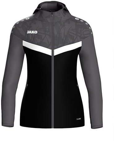 JAKO Iconic Kapuzenjacke Gr. 34 Schwarz/Anthrazit - Zipper Hoodie Damen, Bequeme Sweatjacke mit Keep Dry Funktion aus 100% recyceltem Polyester