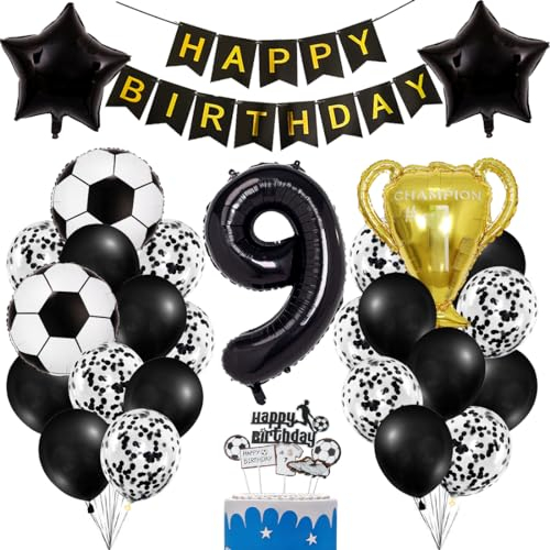 Fussball Luftballon 9 Geburtstag Jungen, Fußball Deko Schwarze Gold 9. Geburtstag Kinder, Fussball Ballon Geburtstagsdeko 9 Jahre Junge, Fussball Party Deko Kindergeburtstag Tortenaufleger