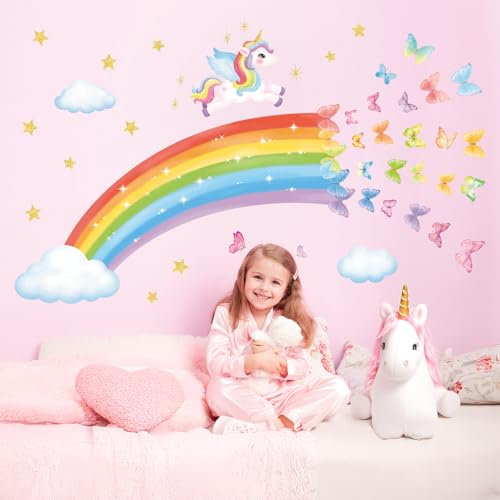 DECOWALL SG2-2401 Rainbow Wall Stickers Colorful Butterflies Unicorn Clouds Wall Decals Kids Baby Nursery Girls Bedroom Living Room Wall Décor