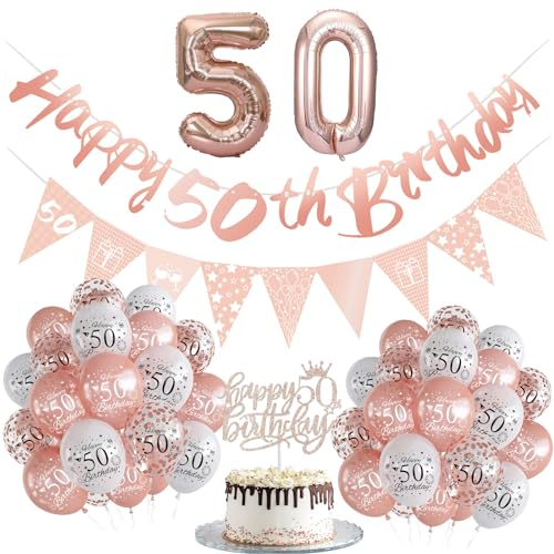 50th Birthday Decorations Set for Women - Rose Gold Confetti Balloons, Happy Birthday Banner, Foil Balloon, Ribbon, Cake Topper - 24Pcs Party Supplies for Her Him 50 Year Old Celebration