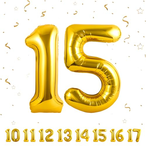 Geburtstag zahlen luftballon 15 jahre | Gold Folienballon 15 XXL -Riesen Folienballon in 40 - 101cm Geburtstagsdeko - Ballon Zahl Deko zum Geburtstag .Fliegt mit Helium