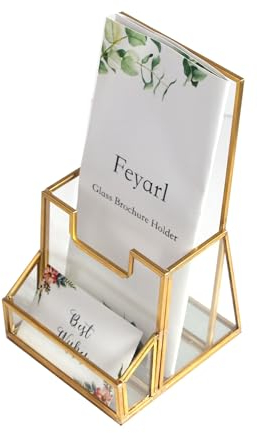 Feyarl Gold Flyerständer Broschürenhalter Visitenkartenhalter Prospekthalter Glas Prospekte Karten Werbung Halter Glas Display Stand für Visitenkarten Broschüren Zeitschriften Literatur Display