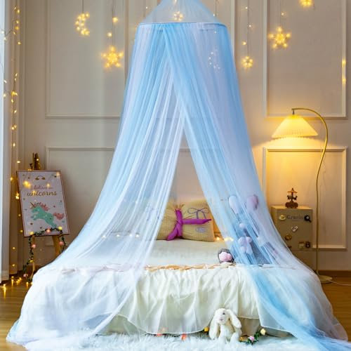 Wnqou Moskitonetz Bett für Doppelbett Einzelbett, Großes Kuppel-Baldachin Betthimmel Mückennetz FeinmaschigesMädchenzimmer, einfache Installation für Reisen und Zuhause (White+Blue)