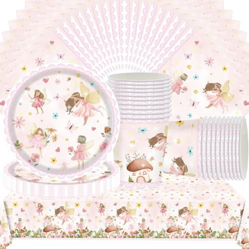 Doyomtoy Feen-Party-Geschirr,61 Stück Fee Partygeschirr Kindergeburtstag Set,Mädchen Geburtstag Party Set Geburtstagsteller,Tassen,Servietten für Kindergeburtstag Deko(20 Gäste)