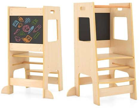 DREAMADE Lernturm ab 1 Jahr, Tritthocker Holz mit doppelseitiger Tafel, Learning Tower Höhenverstellbar, Lernturm Kinder mit Sicherheitsschiene, belastbar bis 60kg (Natur)