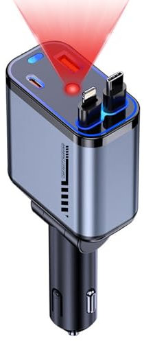 4-in-1 Retractable Car Charger, 120W Fast Charging Car Adapter, Dual USB-C Car Cigarette Lighter Charger, Compatible with iPhone 15/14/13/12, Samsung Galaxy S24, iPad Pro, PD30W & QC3.0 Fast Charging