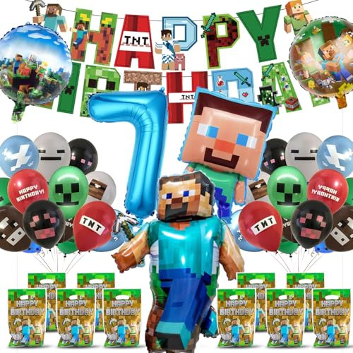 Fizdoqg Miner Gamer Geburtstagsdeko Jungen Set 7 Jahre Geburtstags Deko Partydeko Birthday Decoration mit Foil Balloons Banner und Geschenktüten für Kindergeburtstag Partydekorationen (7)