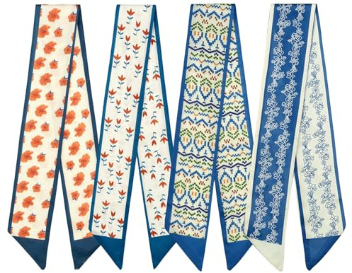 QIUTIMIY 4er-Pack Schals schmale Twill-Haartücher Halstuch Band Geldbörse Modeaccessoires Damenhandtaschen Charms