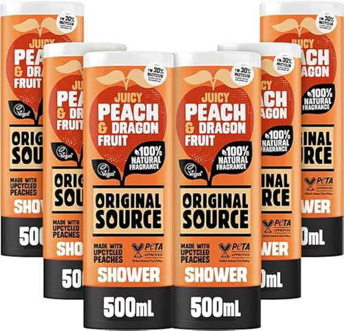 Original Source Juicy Peach & Dragonfruit Shower Gel with 100% Natural Fragrance, Large Vegan Shower Gel, Paraben Free Body Shower Wash, Multipack of 6 x 500ml