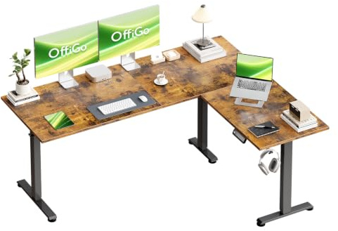 OffiGo Elektrisc Höhenverstellbarer Eckschreibtisch 160 x 120 cm, Braun | L-förmiger Schreibtisch Höhenverstellbarer mit Haken, 78-120 cm Höhenverstellbar, Computertisch für Home Office