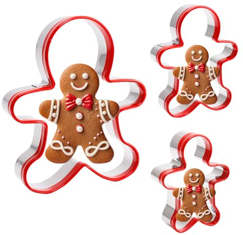PTaizjjz Ausstechformen-Set Lebkuchenmann, Edelstahl, Weihnachts-Ausstechformen, Werkzeuge mit rotem umweltfreundlichem PVC, 14 cm, 12 cm, 9 cm, 3 Stück