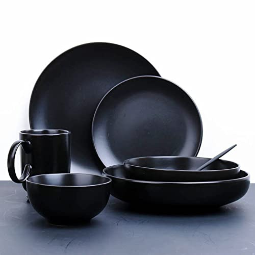 HPTHLY Service De Table De Cuisine 24 Pièces en Porcelaine Noire Mate pour 4 Personnes. Assiettes Et Bols Résistants Aux Chocs Et Aux Éclats. Passe Au Lave-Vaisselle E,Black