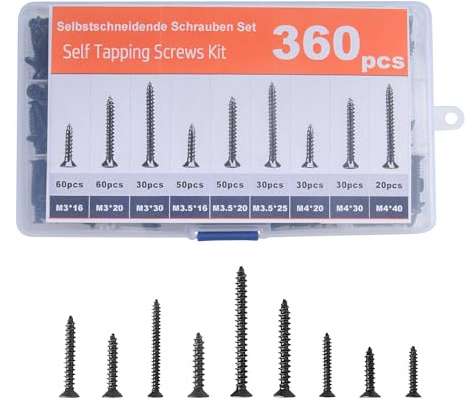 SZWLJ 360 Stück Schrauben Set mit Schwarz selbstschneidende Schrauben | M3/M3.5/M4 -7 Größe(16-40mm), Kreuz-Senkkopf-Schrauben für Haushaltsreparaturen,DIY-Projekte und industrielle Montage