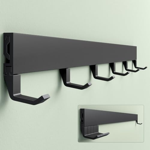 Mai & Mai Garderobenleiste aus Aluminium mit 6 Verstellhaken Matt Schwarz | Hakenleiste zum Bohren, verschiebbare Garderobenhaken und Wandgarderobe für Bad Küche Flur Schlafzimmer, 60cm Stalo-10