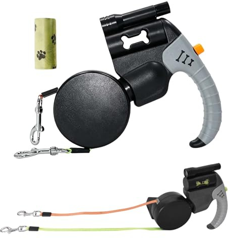 Doppelte Hundeleine Einziehbare 3m Rollleinen mit LED Licht, Ausziehbare Anti-Verwickel Hundeleine mit 360° Drehung,Lange Hundeleine mit Rutschfester Griff für 2 Hunde bis 15 kg Kleine & Große (Black)