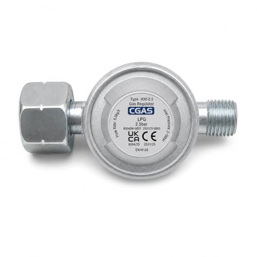 NOLA Gasdruckregler 2,5 bar Modell 772 – Hochdruck Regler für Propan/Butan – 3/8 Linksgewinde Ausgang – für 5kg, 11kg & 33kg Gasflaschen – mit Schlauchbruchsicherung EN 16129