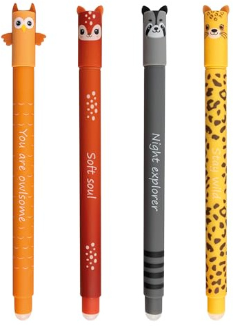 EBERHARD FABER - Tintenroller radierbar Animal Erase It | Eule, Reh, Waschbär und Leo, 4 Gelschreiber blau 0,7 mm