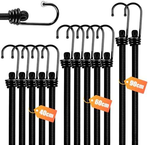 Youery Expander mit Haken,12-teiliges Spanngummi Set mit Haken | 4x 40cm, 4x 60cm, 4x 90cm, Extra Starke Gummispanner für Gepäck, Ladung & Transport – Schwarz