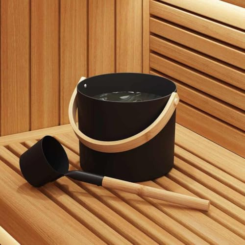 Runheo Sauna tillbehörsset 2-delat svart aluminium med furu, 7 l hinkar och slevar för inomhusbastu, inloppstillbehör för avkoppling och wellness