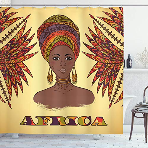 ABAKUHAUS Afrika Duschvorhang, Turbane Palms Kultur, Stoffliches Gewebe Badezimmerdekorationsset mit Haken, 175 x 180 cm, Hellorange Braun