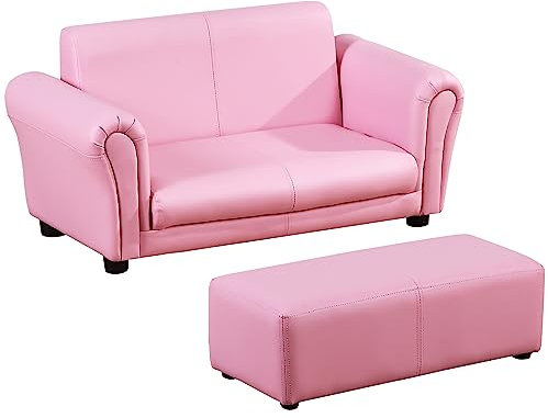 HOMCOM Mini Divano per 2 Bambini dai 3 ai 7 Anni con Poggiapiedi in PVC e Legno Rosa 83x42x41cm