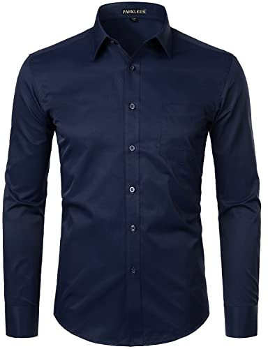 PARKLEES Men's Long Sleeve Dress Shirt Solid Slim Fit Casual Business Formal Button Up Shirts with Pocket Navy S