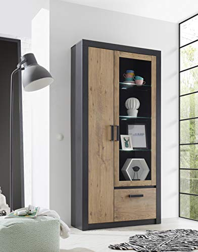 Newfurn Vitrine Kastanie Holz Dekor Anthrazit Standvitrine Vintage Industrial - 97x200x35 cm (BxHxT) - Vitrinenschrank Glasvitrine Highboard - Wohnzimmer Schlafzimmer Flur Esszimmer