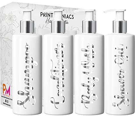 Print Maniacs White Mrs Hinch Inspired Personalised 500ml Pump Bottles Bathroom Lotion Kitchen Set Shampoo Conditioner (Shower Gel Set) (Silver)
