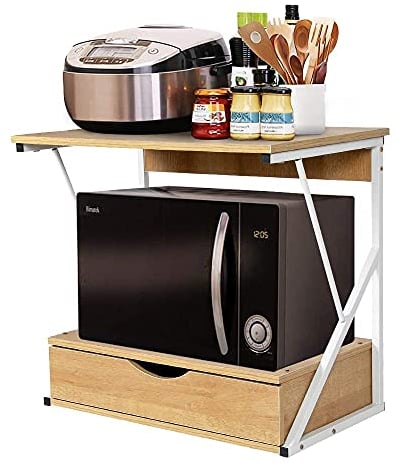 2 Tier Kitchen Countertop Microwave Oven Unit Shelving Stand Rack with Drawer for Household Storage Organizer, Home Office Desktop Shelf Printer Rack Free Standing Metal Frame Wood Tabletop