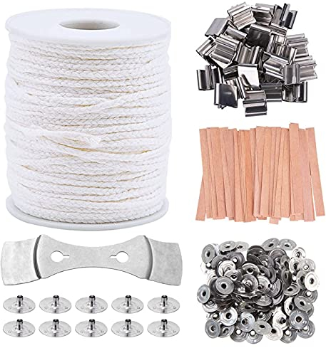61M Intrecciato Filo Cerato,Stoppini per Candele Fai da te, con Porta Stoppini Sostegno,25 Stoppini per Candele in Legno,25 Supporti in Ferro,100 Base