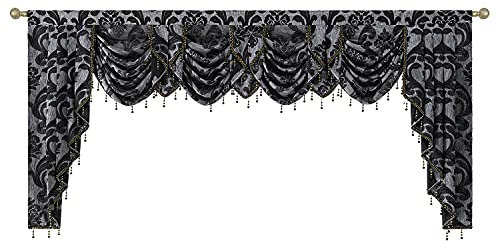 NAPEARL Schwarzer Volant für Wohnzimmer, Damast-Wasserfall-Volant für Fenster mit Perlen, breiter Volant für Fenster, 250 cm breit 1 Valance 101W x 49L