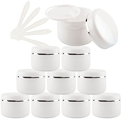 TIANZD 20 Stück Leere Kleine 50 ml Weiß Kunststoff Schraubdose Cremedose Dosen Gel Tiegel mit Silberband Deckel Kosmetik Behälter Salbe Kosmetikbehälter Leerdose mit 5 Stück Löffel