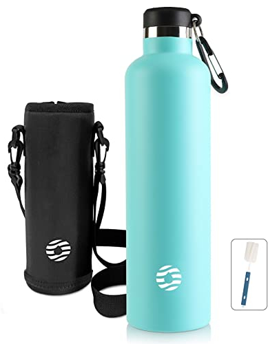 FEIJIAN Trinkflasche Edelstahl 1L mit Karabiner - auslaufsicher Thermosflasche für Kohlensäure Kaffee Tee, BPA-Frei Sport Outdoor Wasserflasche für Sprudel Uni, Schule, Camping, Fahhrad