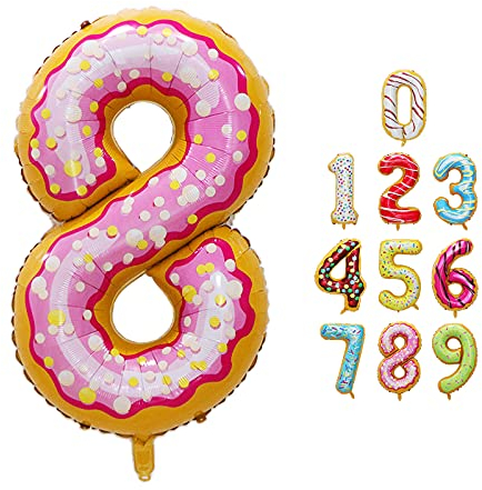 Luftballon Zahlen 8 Happy Birthday Party Deko, mit Donut Eis Motiv, Schweben mit Helium für Geburstagdeko Jubiläum, 40 Zoll 100cm aus Folie, Vivi Idee